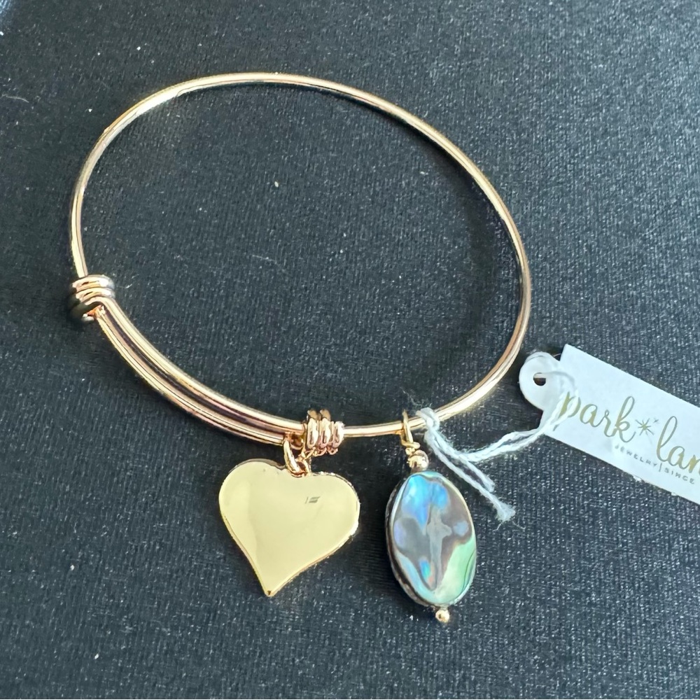 Park Lane Gold Bangle Bracelet with Shiny Gold Heart and Oval Abalone Charms